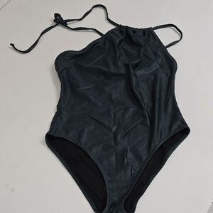 Solid And Stripped Dark Green One-Piece Swimsuit